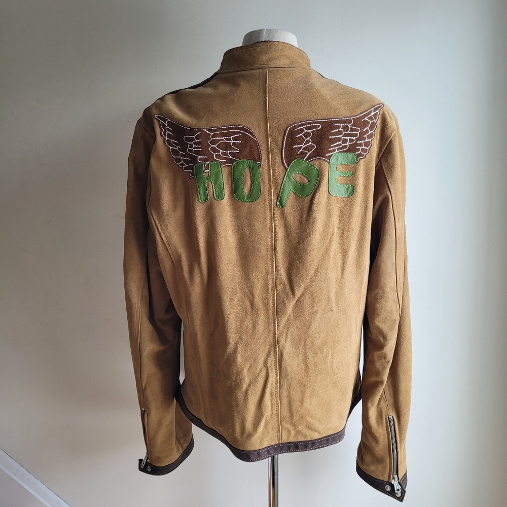 Vintage 90s MISS SIXTY Racer Moto Aviatior Suede Tan Jacket Brown Stripes M/L - Picture 4 of 15